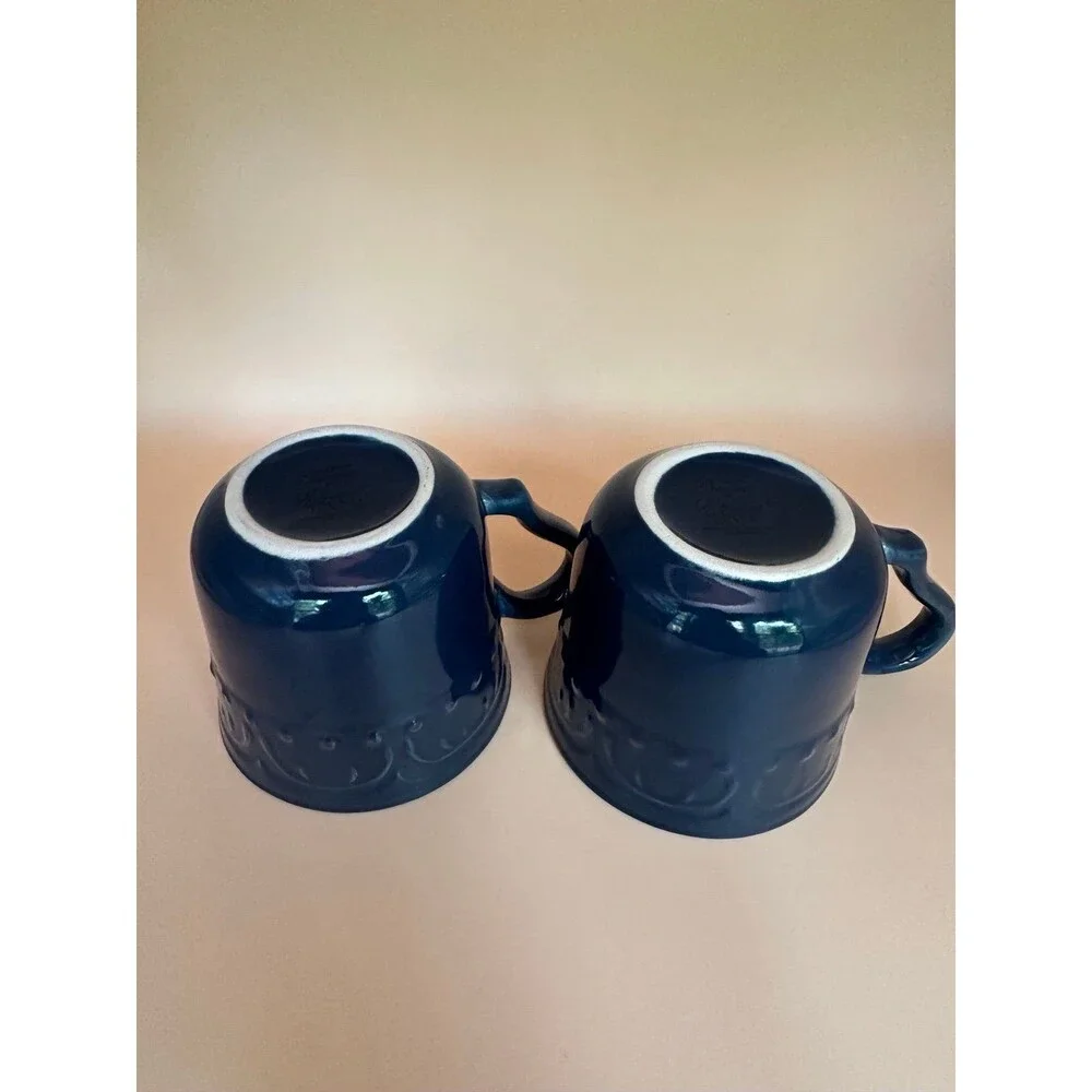 Candice Collection Elegant Dining Navy Blue Embossed Stoneware Coffee Mugs Set 2